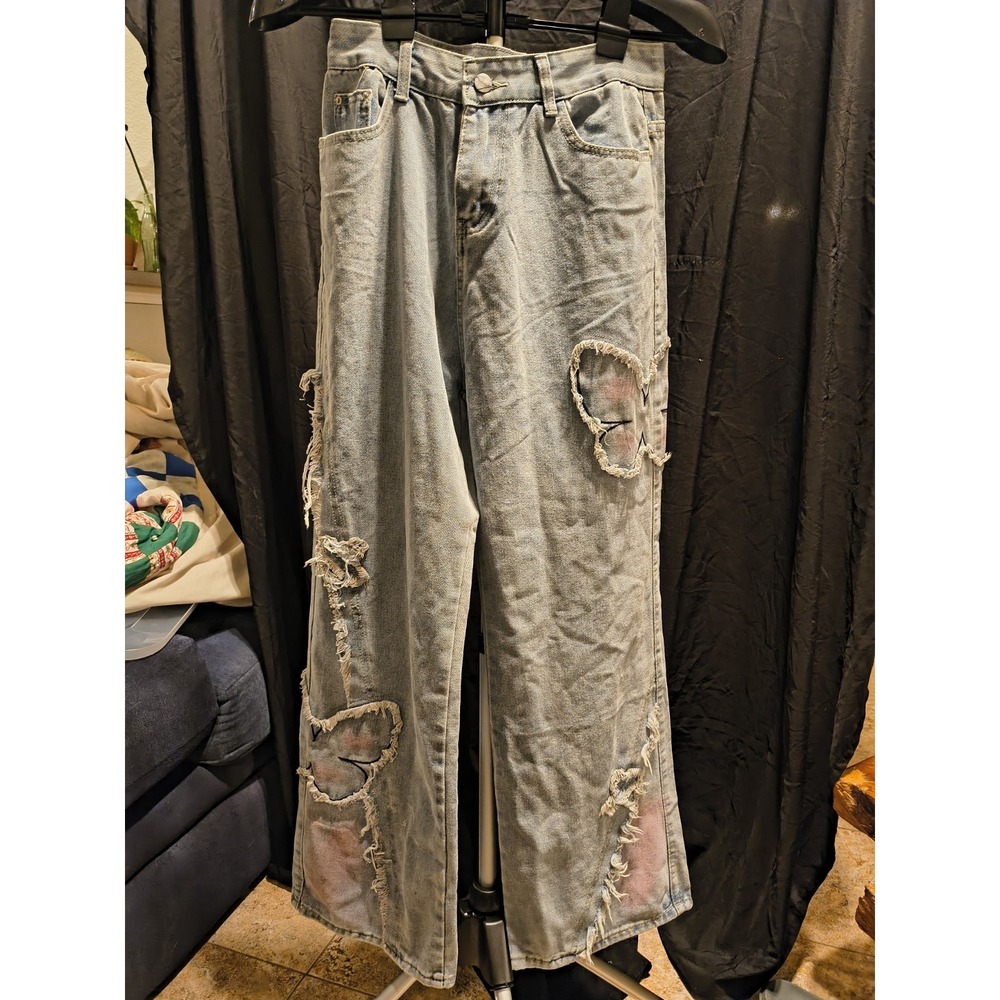 Cute Denim Butterfly Jeans 30 Inch Waist Large